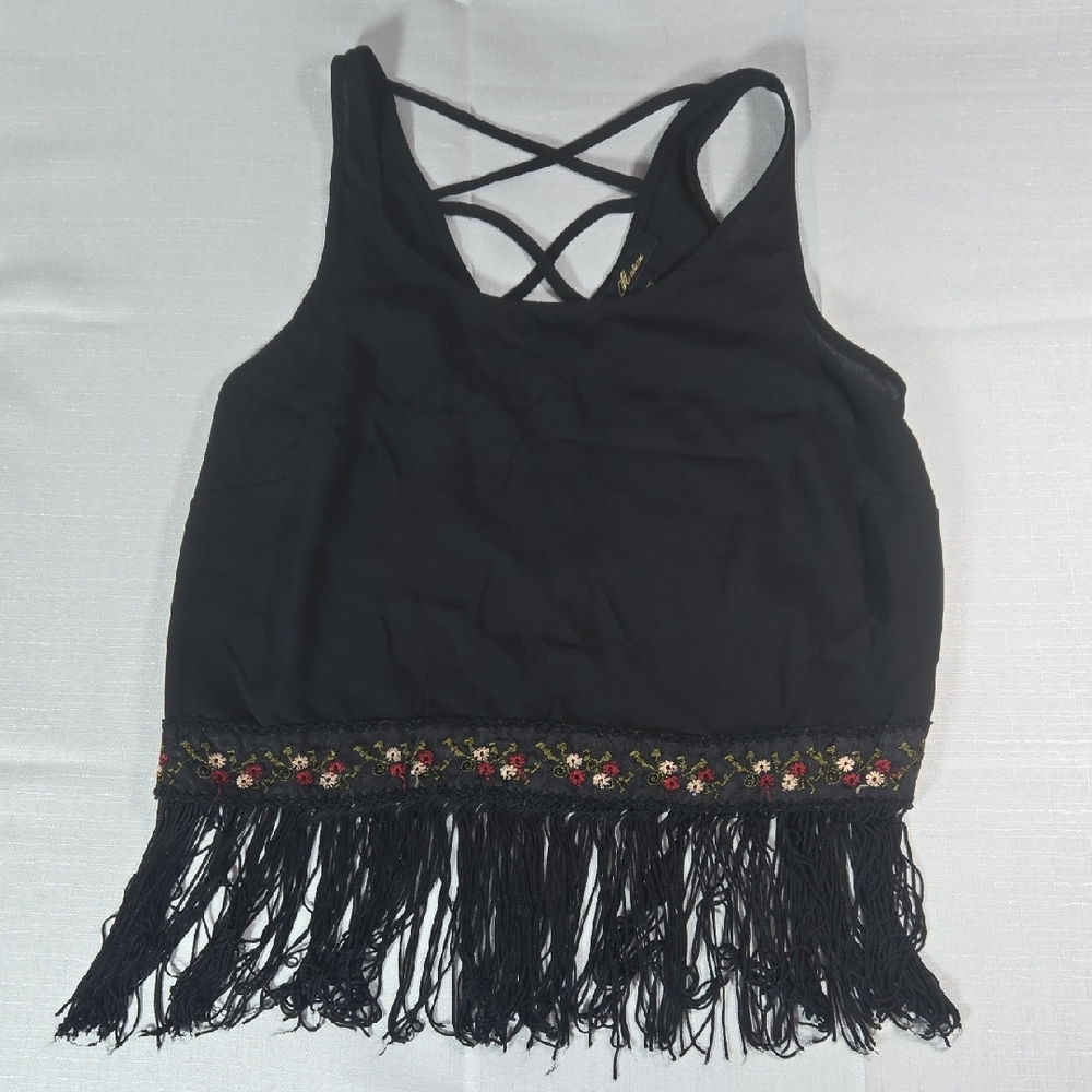 Monteau Black Fringe Crop Top with Embroidered Floral Detail Womens XS